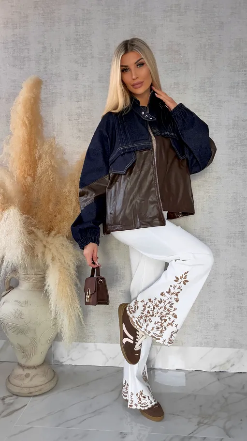 Oryginalna jeansowa kurtka katana łączona z brązową skórą ONE SIZE - R494