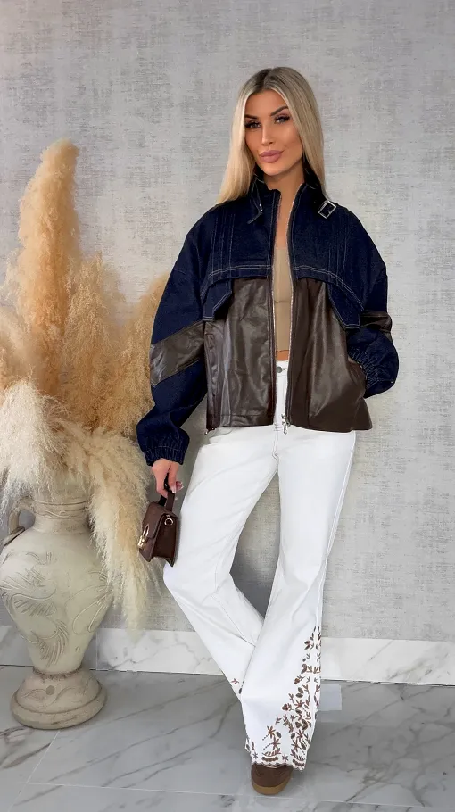 Oryginalna jeansowa kurtka katana łączona z brązową skórą ONE SIZE - R494