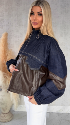Oryginalna jeansowa kurtka katana łączona z brązową skórą ONE SIZE - R494