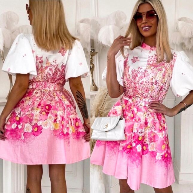 Idealna kwiatowa sukienka zapinana na guziki BAWEŁNA i LEN - R753