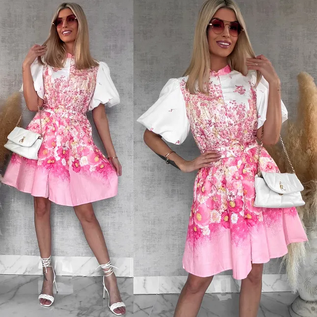 Idealna kwiatowa sukienka zapinana na guziki BAWEŁNA i LEN - R753