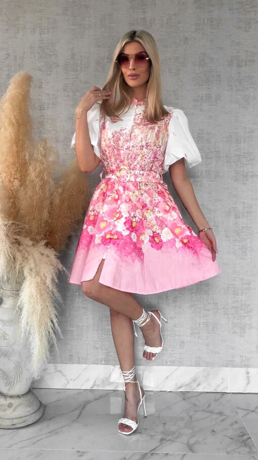 Idealna kwiatowa sukienka zapinana na guziki BAWEŁNA i LEN - R753