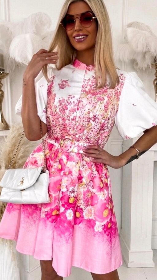 Idealna kwiatowa sukienka zapinana na guziki BAWEŁNA i LEN - R753