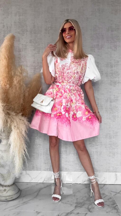 Idealna kwiatowa sukienka zapinana na guziki BAWEŁNA i LEN - R753