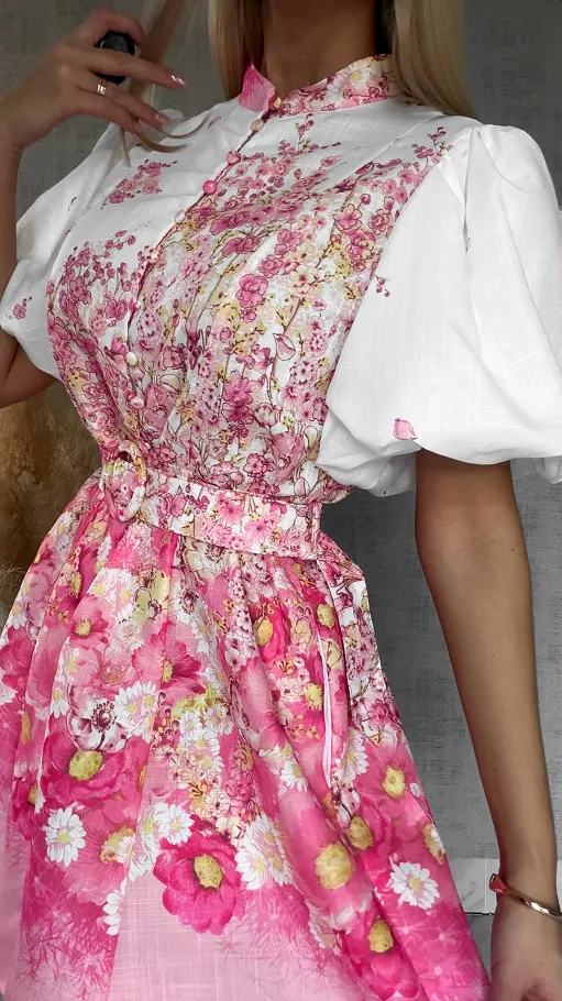 Idealna kwiatowa sukienka zapinana na guziki BAWEŁNA i LEN - R753