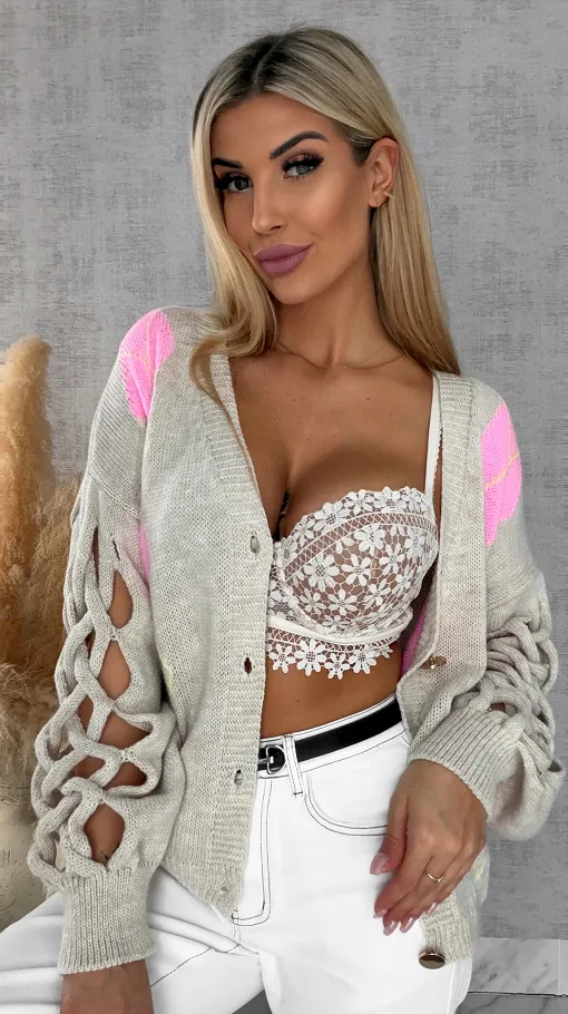 Wiosenny sweter z ażurowymi rękawkami BEŻOWY - R665A