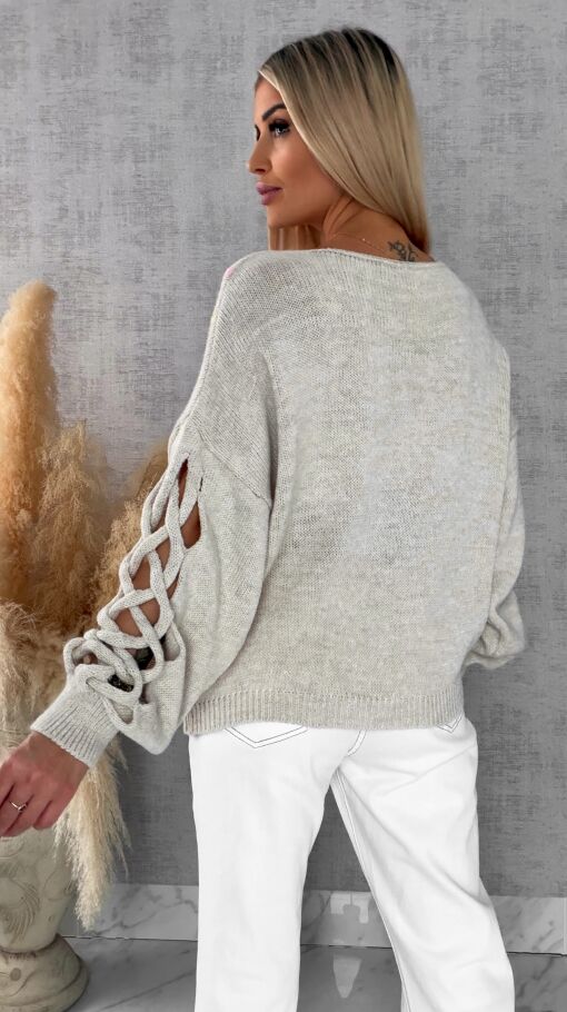 Wiosenny sweter z ażurowymi rękawkami BEŻOWY - R665A