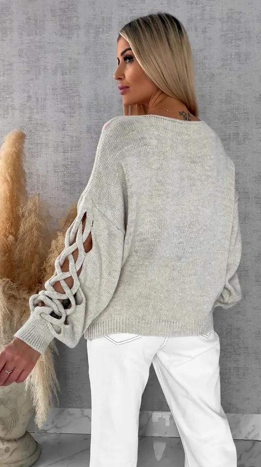 Wiosenny sweter z ażurowymi rękawkami BEŻOWY - R665A