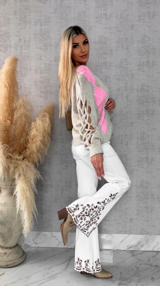 Wiosenny sweter z ażurowymi rękawkami BEŻOWY - R665A