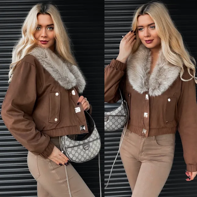 Mięciutka kurtka zamszowa ocieplana futerkiem mleczna CZEKOLADA - R333