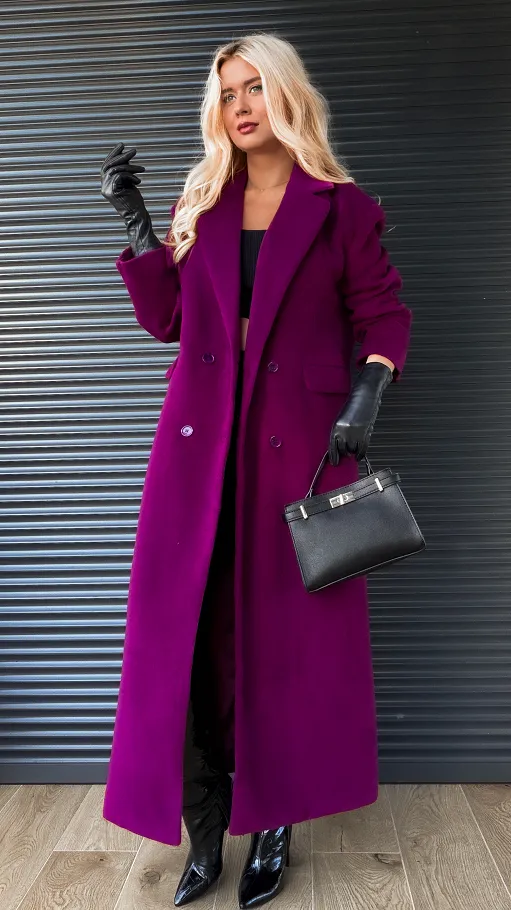 Purpurowy długi płaszcz DYPLOMATKA one size - R147