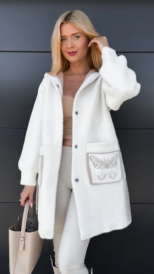 Ekskluzywny dwustronny płaszcz ALPAKA z kamizelką ONE SIZE ecru/beż - R045