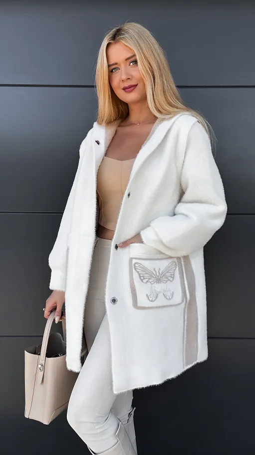 Ekskluzywny dwustronny płaszcz ALPAKA z kamizelką ONE SIZE ecru/beż - R045