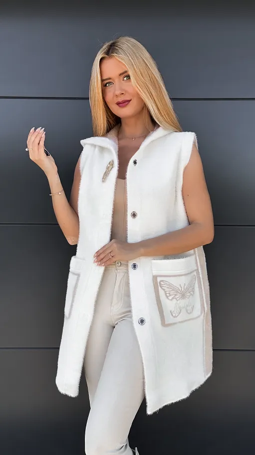 Ekskluzywny dwustronny płaszcz ALPAKA z kamizelką ONE SIZE ecru/beż - R045