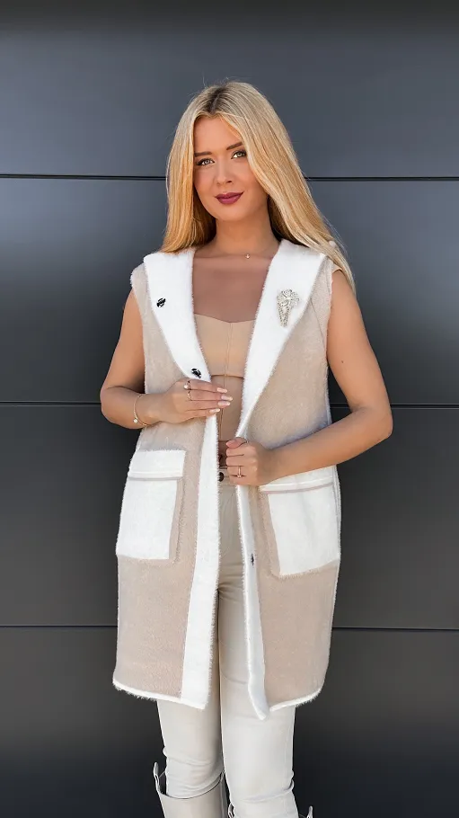 Ekskluzywny dwustronny płaszcz ALPAKA z kamizelką ONE SIZE ecru/beż - R045