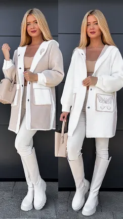 Ekskluzywny dwustronny płaszcz ALPAKA z kamizelką ONE SIZE ecru/beż - R045
