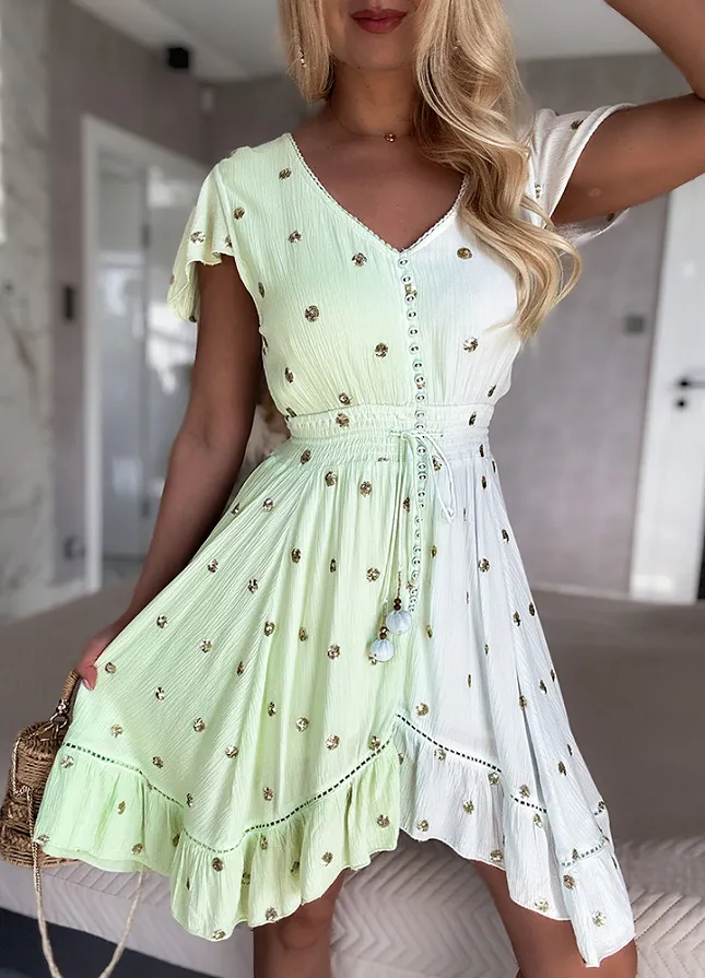 PREMIUM letnia sukienka DUO kolor w ZŁOTE grochy z cekinów GREEN - N110