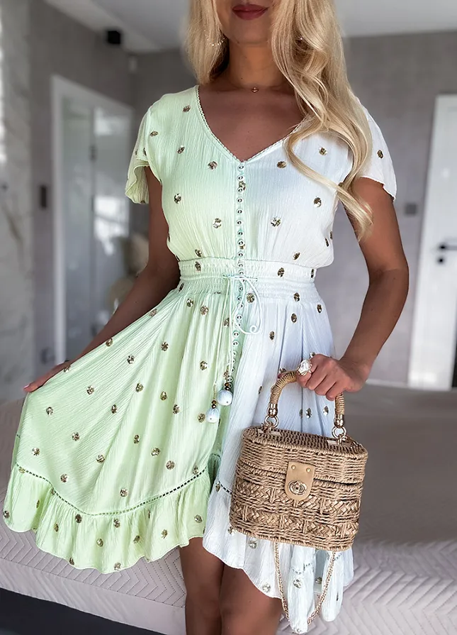 PREMIUM letnia sukienka DUO kolor w ZŁOTE grochy z cekinów GREEN - N110