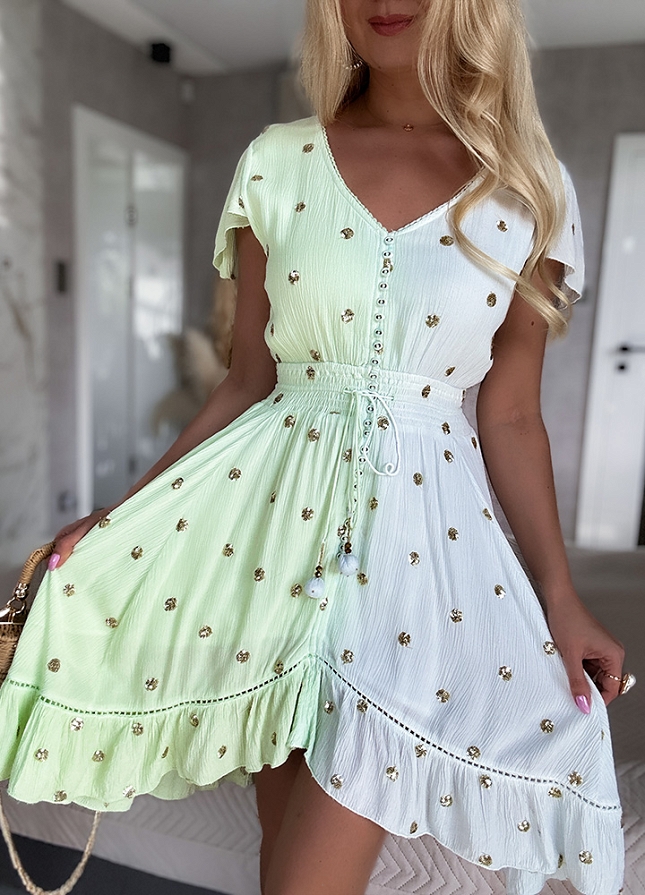 PREMIUM letnia sukienka DUO kolor w ZŁOTE grochy z cekinów GREEN - N110
