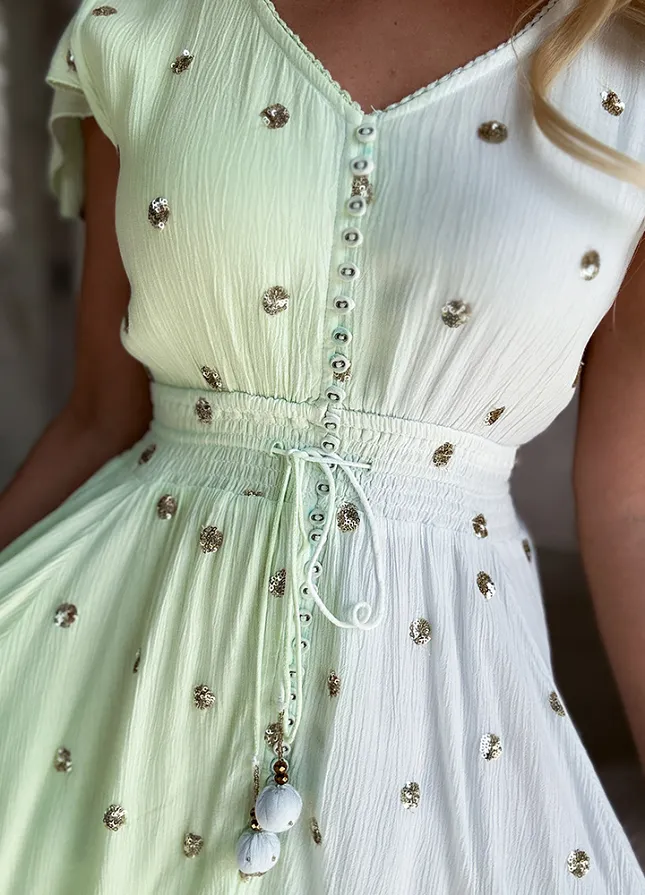 PREMIUM letnia sukienka DUO kolor w ZŁOTE grochy z cekinów GREEN - N110