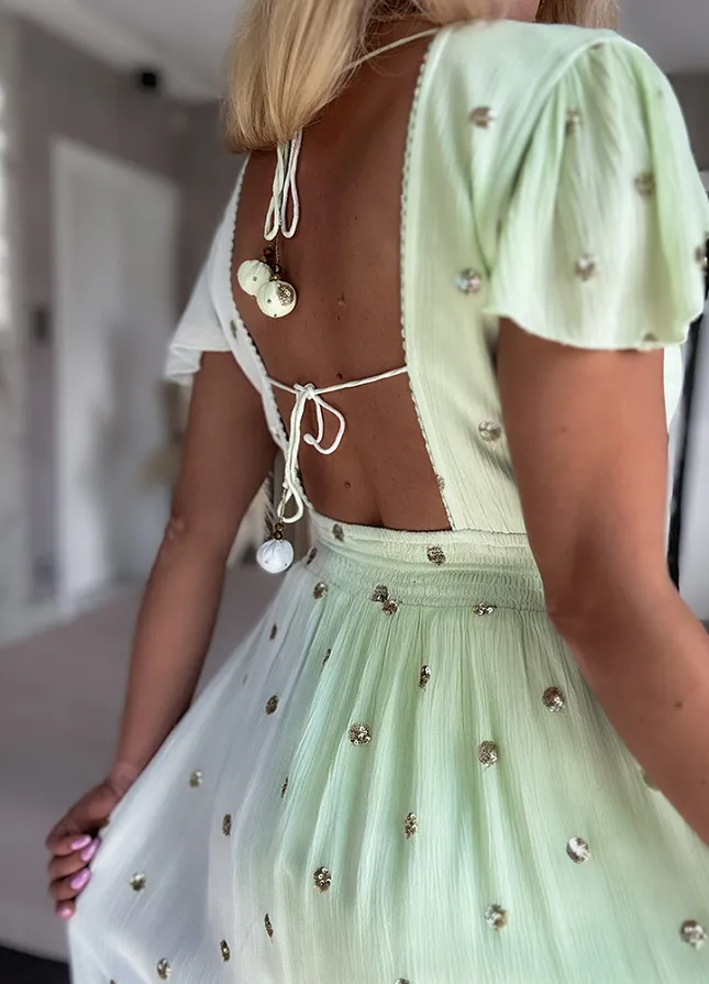 PREMIUM letnia sukienka DUO kolor w ZŁOTE grochy z cekinów GREEN - N110