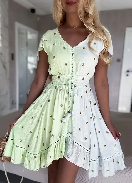 PREMIUM letnia sukienka DUO kolor w ZŁOTE grochy z cekinów GREEN - N110