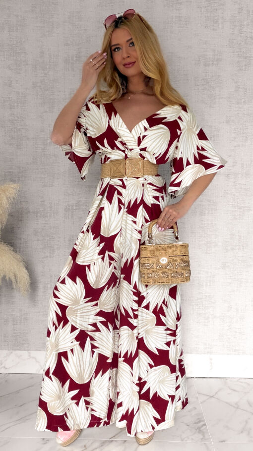 Wygodny letni kombinezon OVERSIZE w kwiatowym wzorze RED - R972