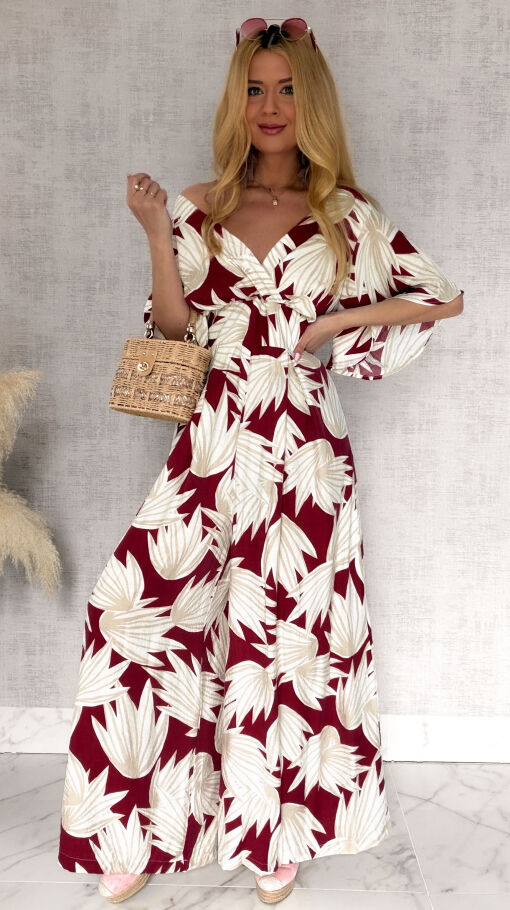 Wygodny letni kombinezon OVERSIZE w kwiatowym wzorze RED - R972