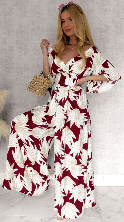 Wygodny letni kombinezon OVERSIZE w kwiatowym wzorze RED - R972