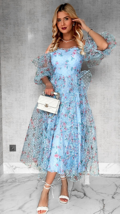 Cudowna niebieska sukienka tiulowa cała w kwiaty - R422A