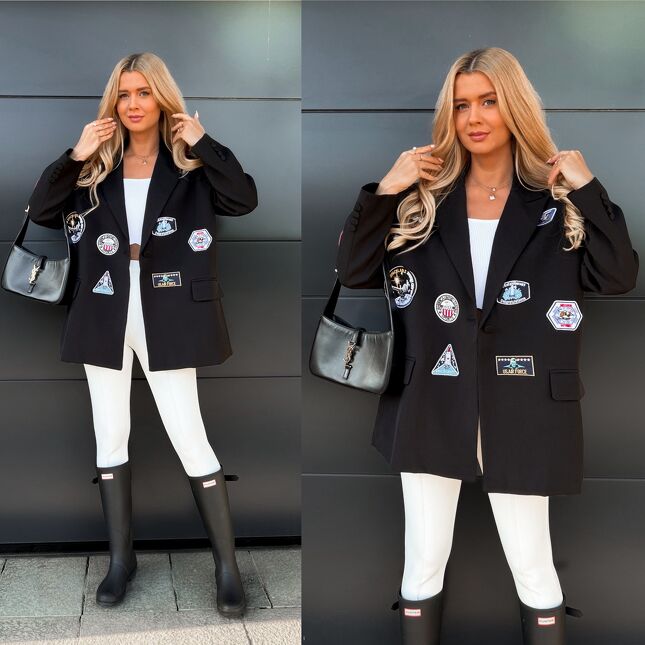 Jesienna czarna marynarka z naszywkami OVERSIZE - S492