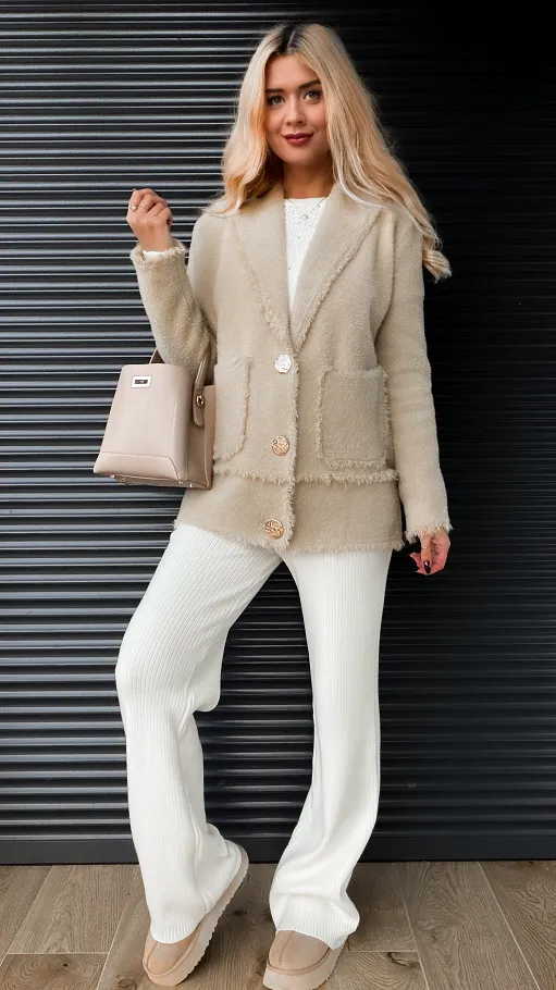 Ciepła BEŻOWA marynarka zapinana na złote duże guziki - R321A