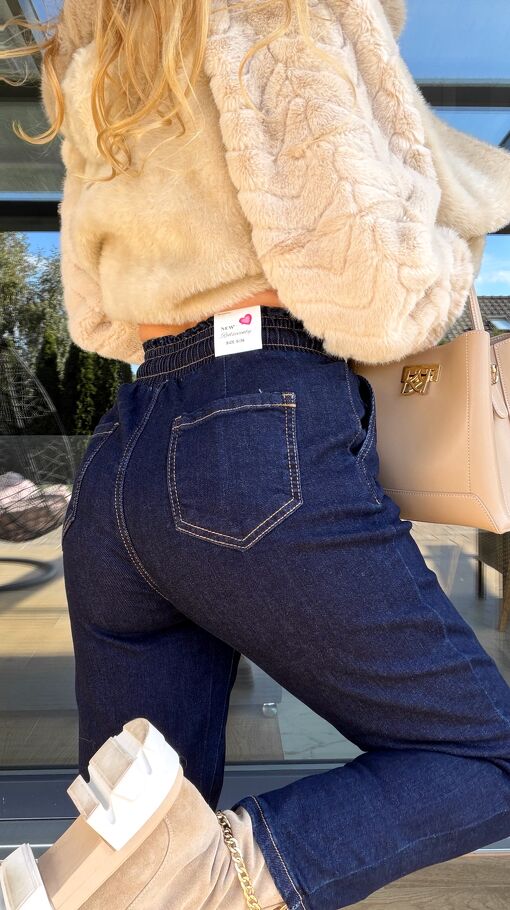 Elastyczne spodnie jeansowe MOM FIT z gumą w pasie - S264