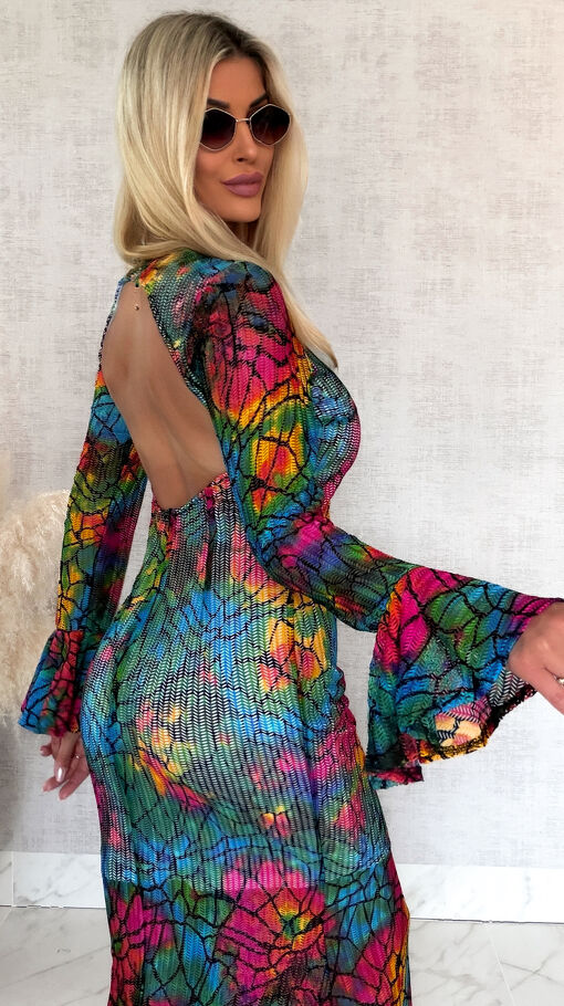 Ażurowa MAXI sukienka z odkrytymi plecami MULTI KOLOR - S050