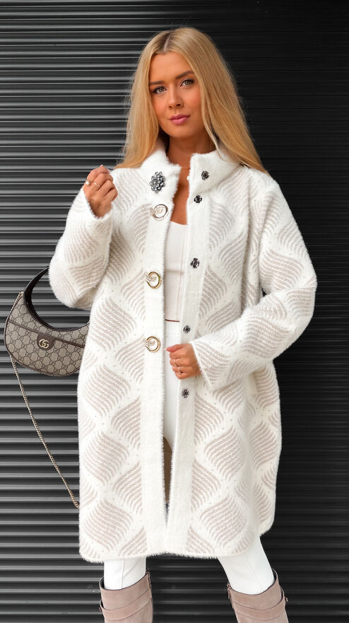 Ekskluzywny jasny płaszcz ALPAKA w modne warkocze ONE SIZE - S406