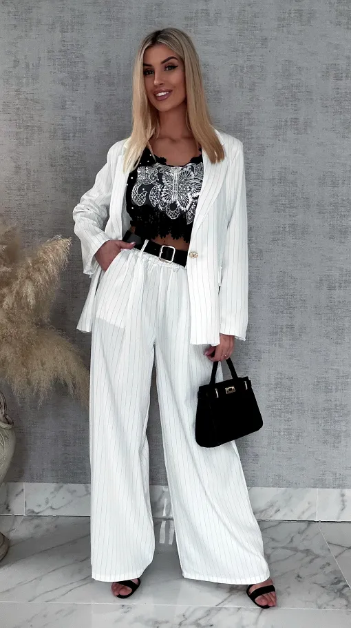Wiosenny biały komplet w delikatne paski marynarka + spodnie ONE SIZE - R958A