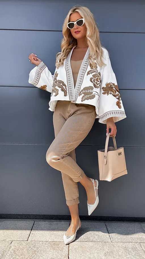 Oryginalna biała marynarka haftowana w stylu KIMONO - P968