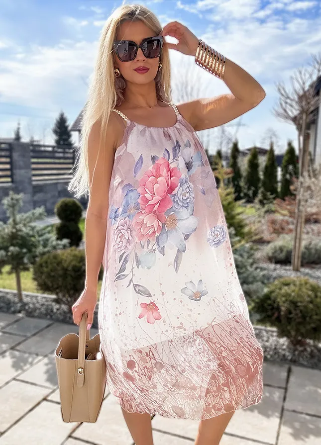 Zwiewna sukienka na plecionych ramiączkach FLOWERS jasny beż - M889