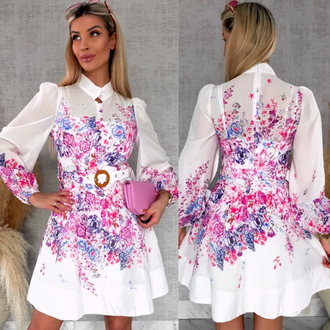 Elegancka wiosenna sukienka w kwiaty z paskiem - R740