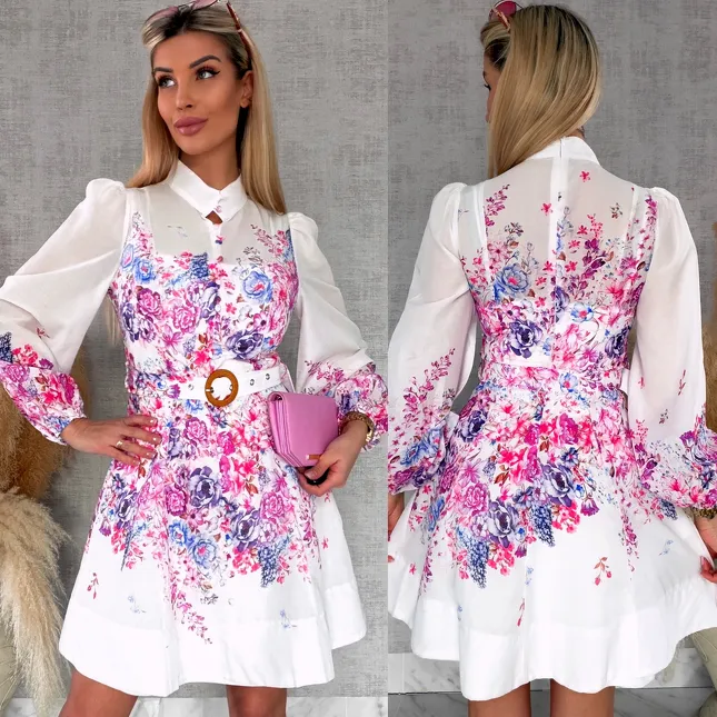 Elegancka wiosenna sukienka w kwiaty z paskiem - R740