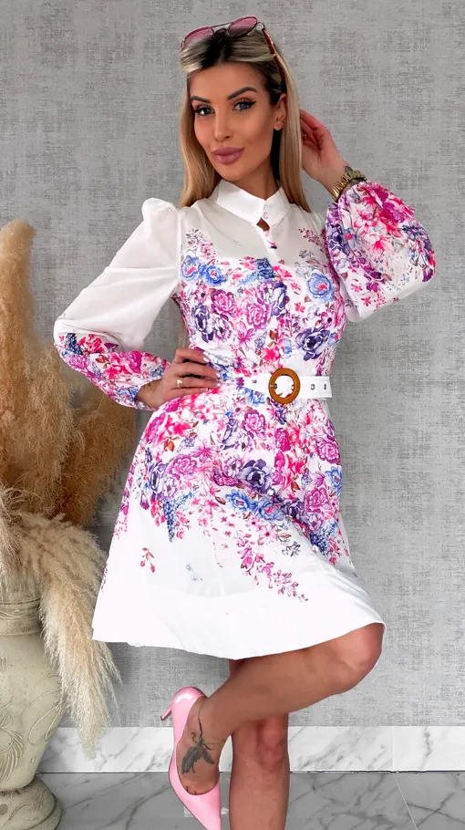 Elegancka wiosenna sukienka w kwiaty z paskiem - R740