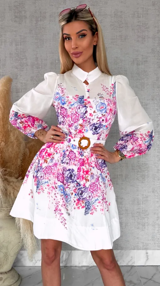 Elegancka wiosenna sukienka w kwiaty z paskiem - R740