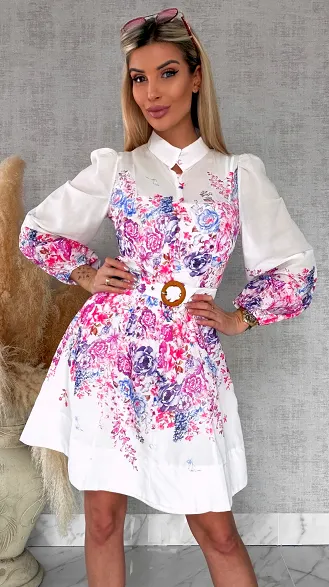 Elegancka wiosenna sukienka w kwiaty z paskiem - R740