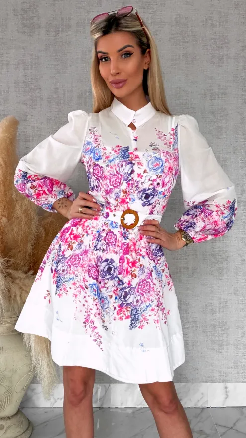 Elegancka wiosenna sukienka w kwiaty z paskiem - R740