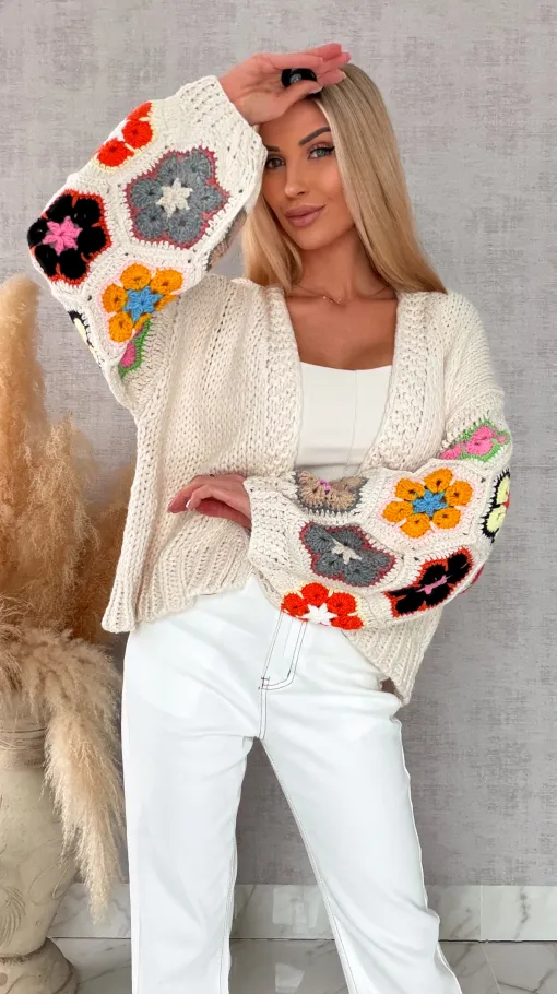 Oryginalny kardigan szydełkowy na wiosną ONE SIZE jasno beżowy - R722A