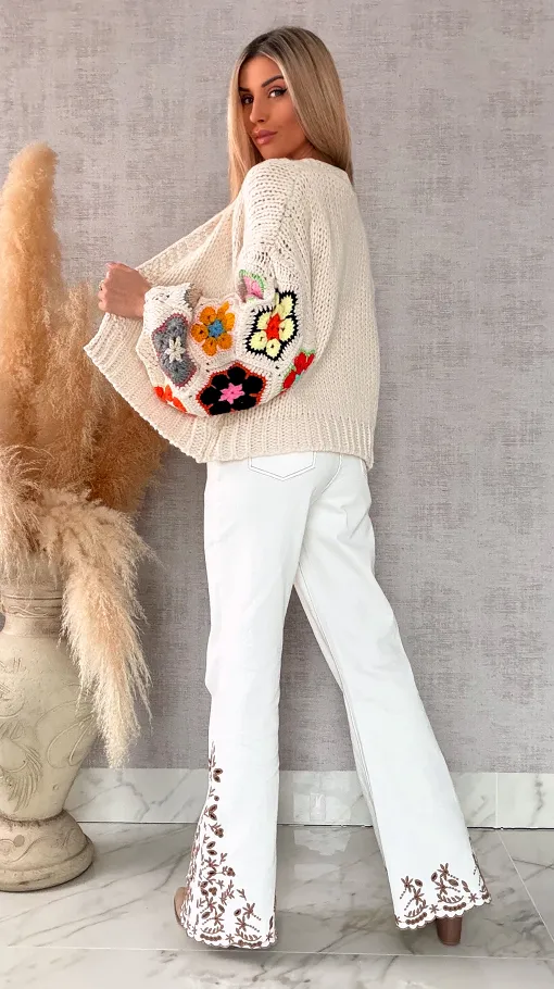 Oryginalny kardigan szydełkowy na wiosną ONE SIZE jasno beżowy - R722A