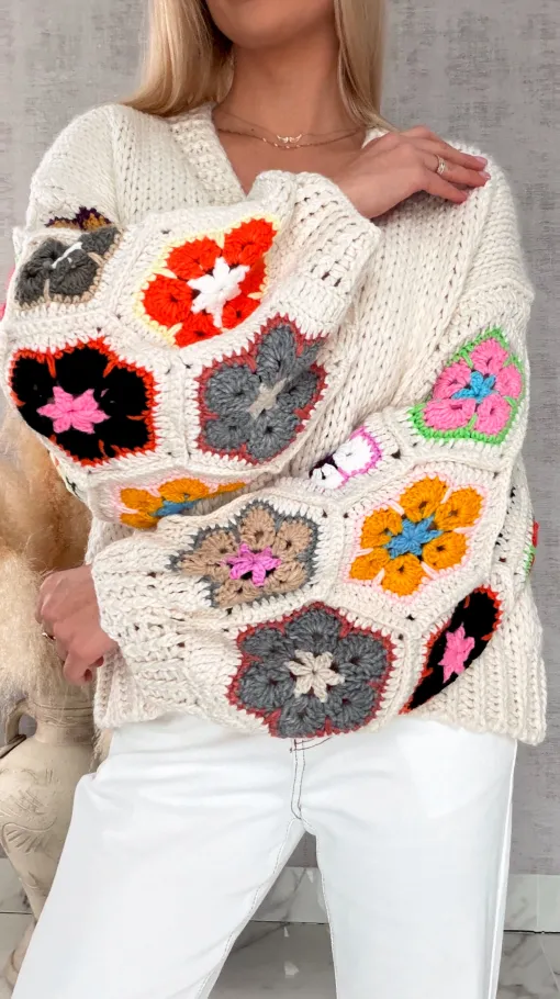 Oryginalny kardigan szydełkowy na wiosną ONE SIZE jasno beżowy - R722A