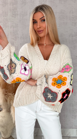 Oryginalny kardigan szydełkowy na wiosną ONE SIZE jasno beżowy - R722A