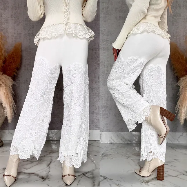 Super dzianinowe spodnie z koronkowymi nogawkami BIAŁE - R728A