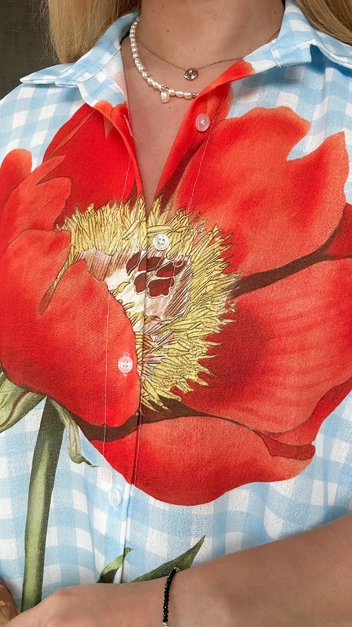 Asymetryczna lniana koszula w niebieską kratkę ONE SIZE - P736